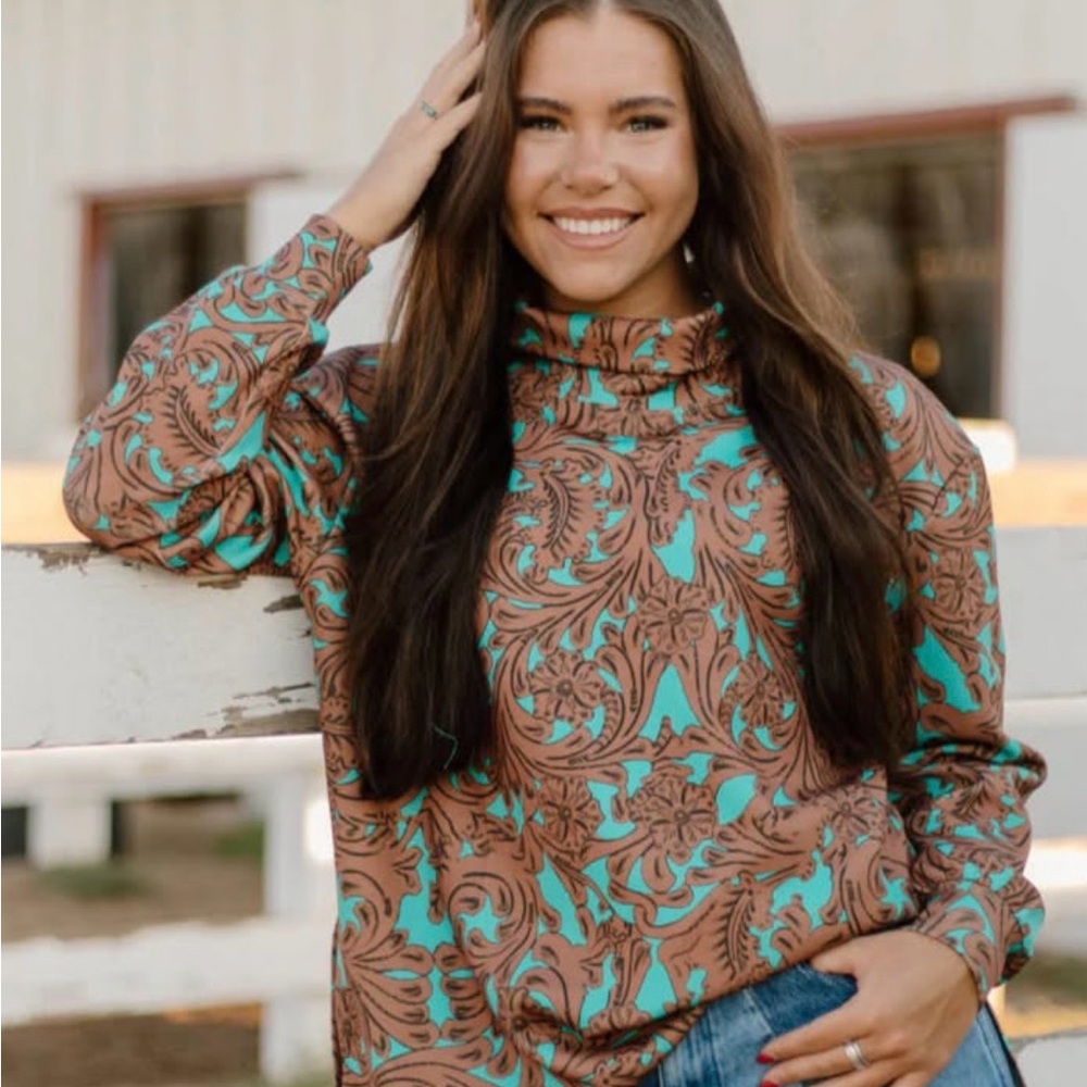Elegant Brown and Turquoise Women's Western Turtleneck. Buttersoft fabric!!
